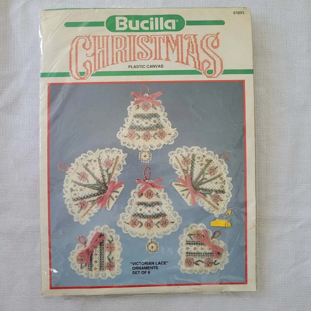 Bucilla Plastic Canvas Kit Pink Victorian Lace Ornaments 61093 Set of 6 Grandma